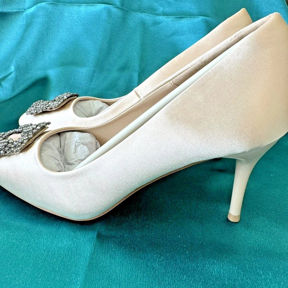 3"SquareToe Champagne Beige Satin Rhinestone Crystal  Luxury shoe US8