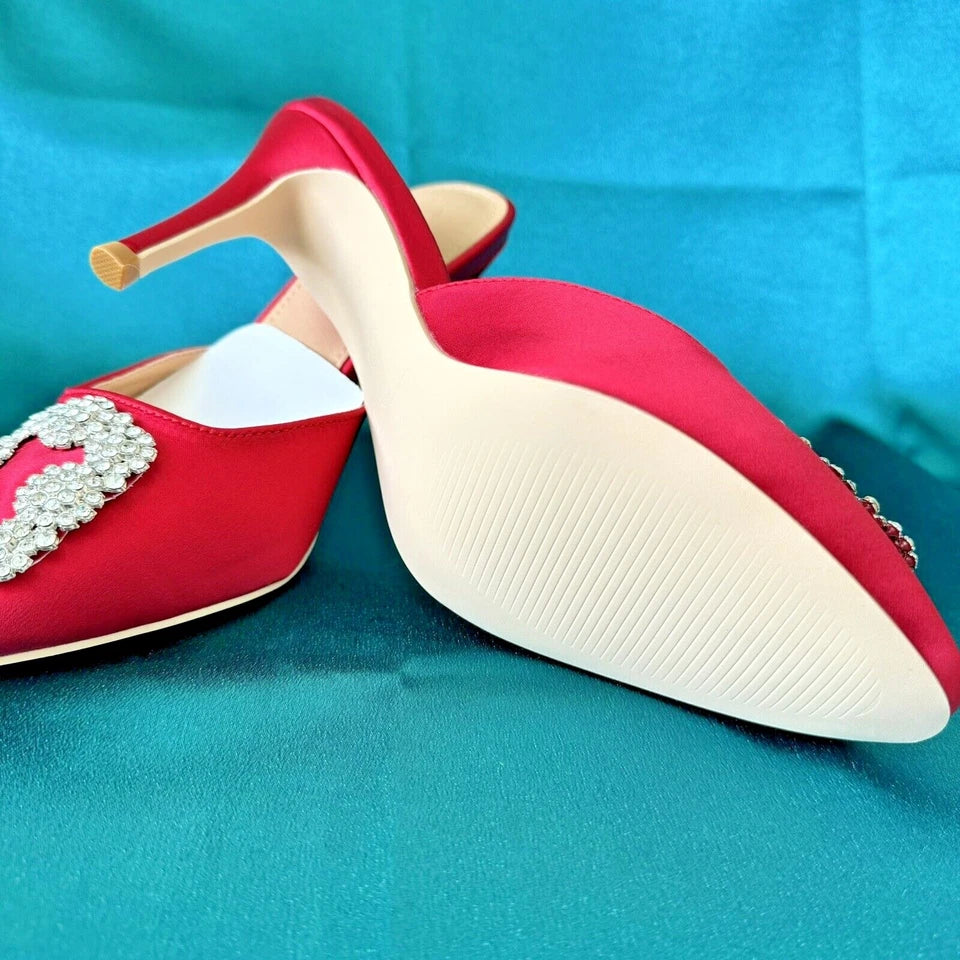 Pointed Toe Mule Crystal Rhinestone Sandals Stiletto Heel RED Satin